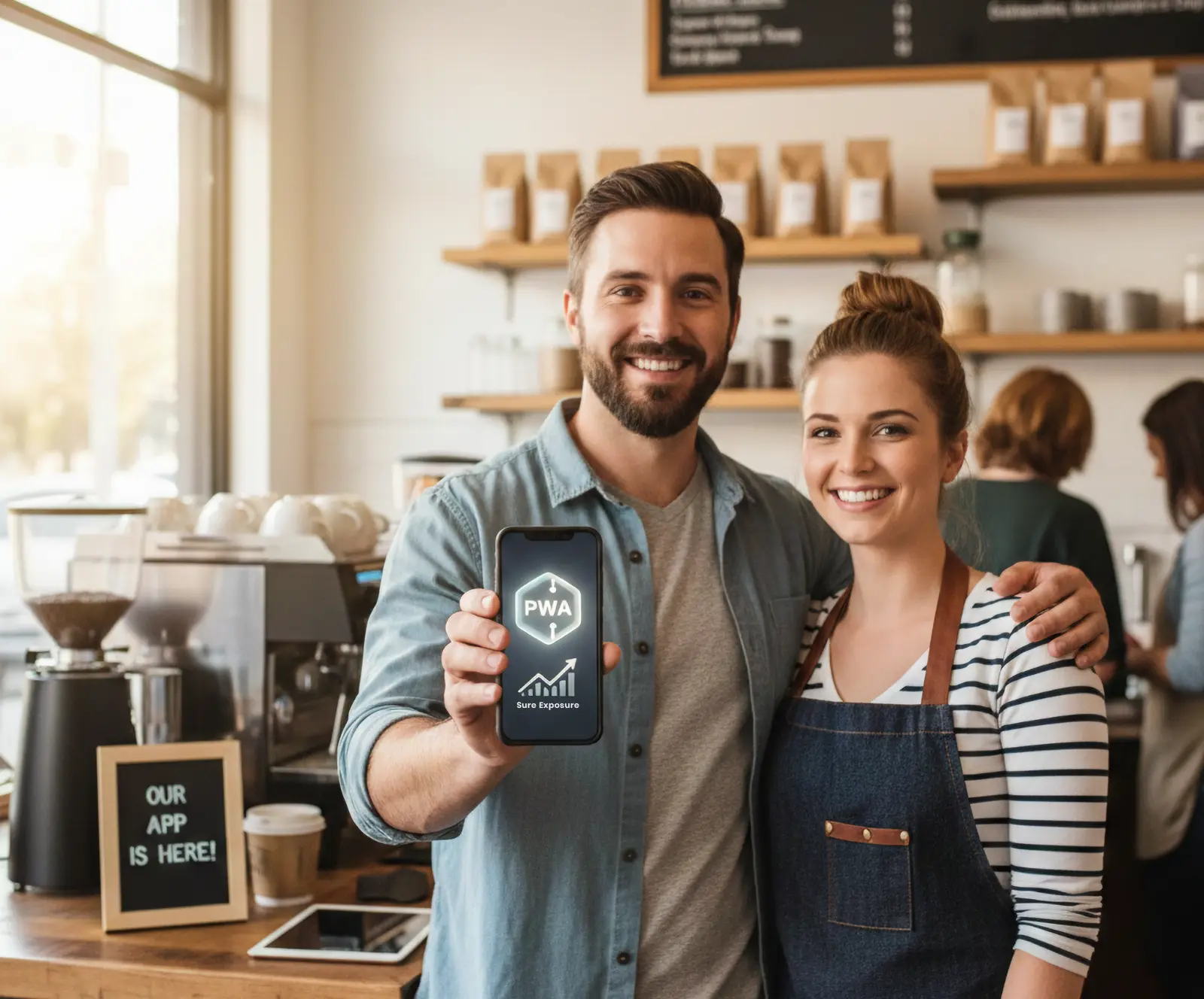 Two smiling business owners behind a shop counter holding a smartphone displaying the Sure Exposure PWA plugin interface for improved site speed.