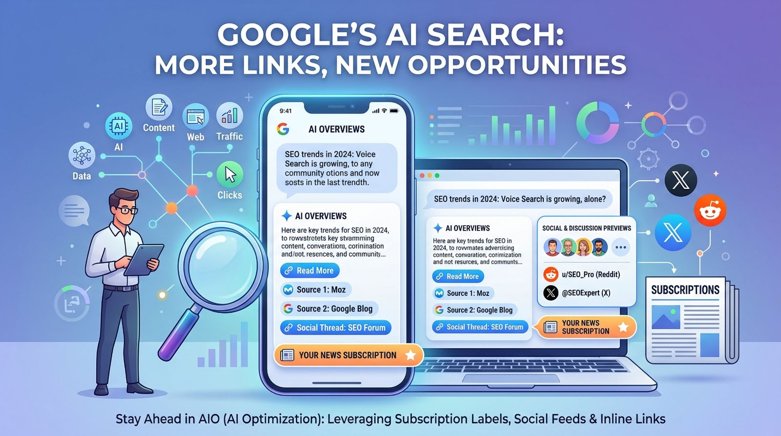 Infographic showing Google's AI Search updates with mobile and desktop previews of inline links, subscription labels, and social feeds for AIO and SEO.